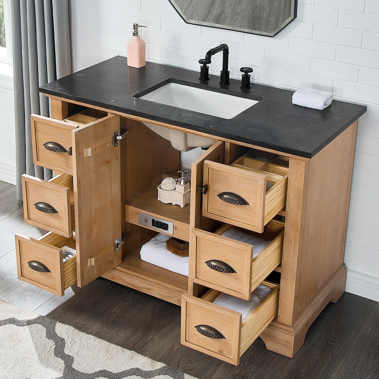 Meuble-lavabo Hervas avec plateau en marbre naturel, sans miroir.