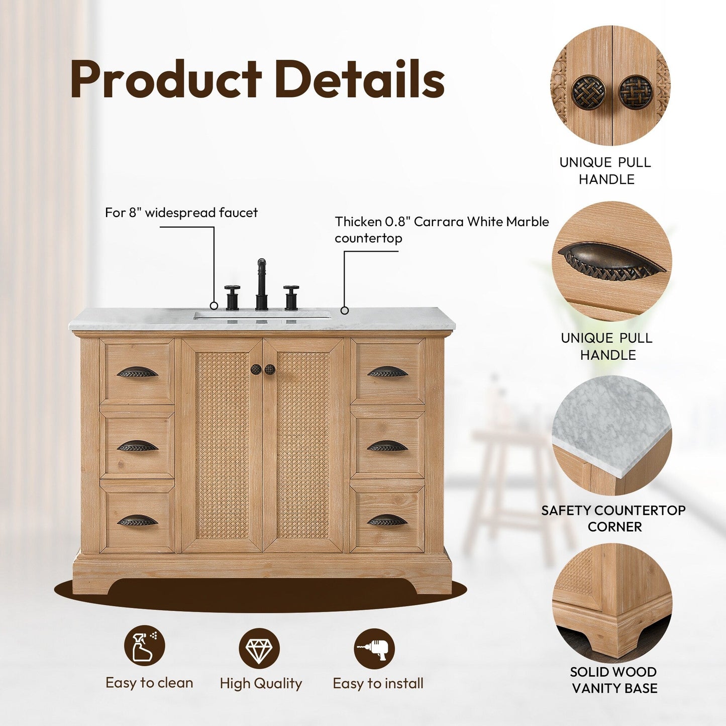 Meuble-lavabo Hervas avec plateau en marbre naturel, sans miroir.