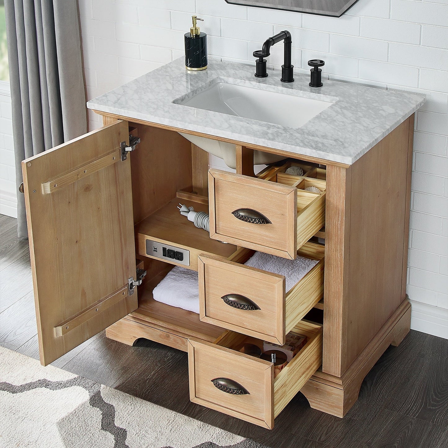 Meuble-lavabo Hervas avec plateau en marbre naturel, sans miroir.