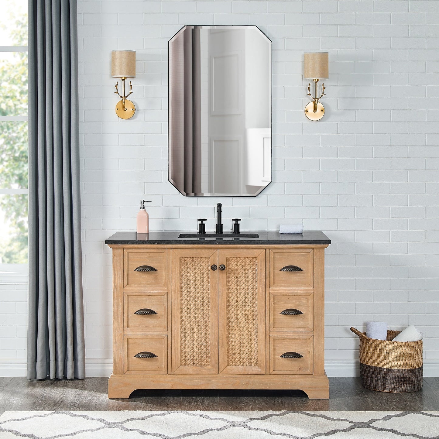 Meuble-lavabo Hervas avec plateau en marbre naturel, sans miroir.