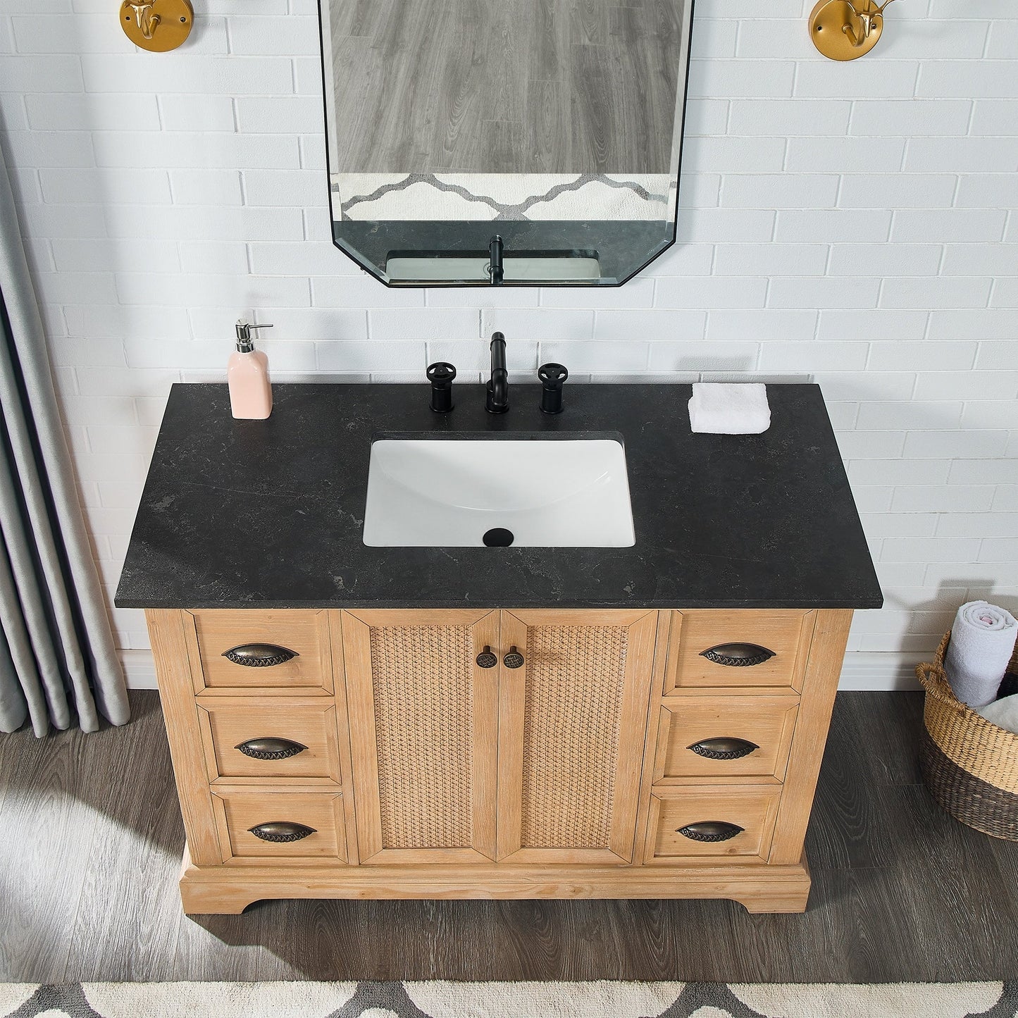 Meuble-lavabo Hervas avec plateau en marbre naturel, sans miroir.