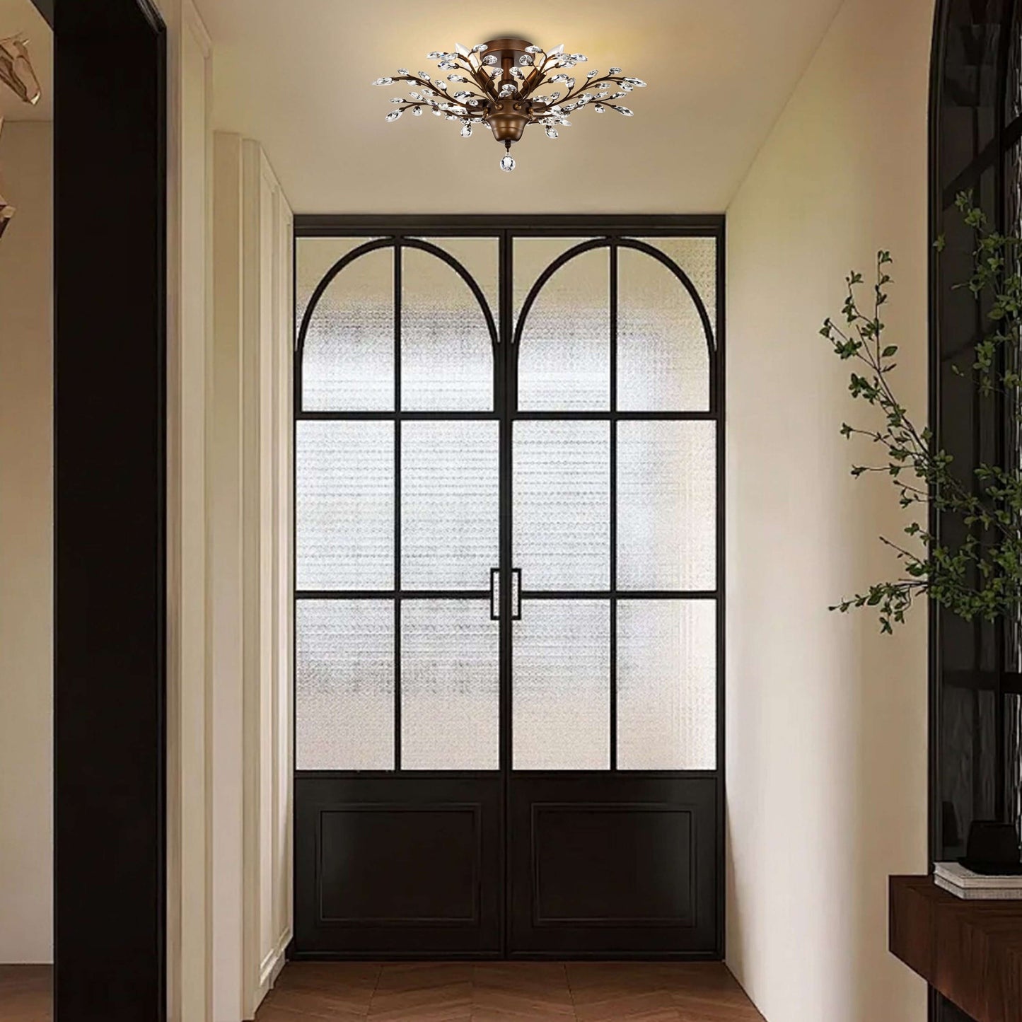 Plafonnier Holly à 4 lumières en cristal et feuilles