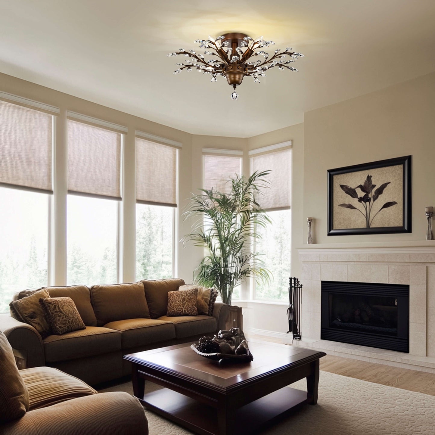 Plafonnier Holly à 4 lumières en cristal et feuilles